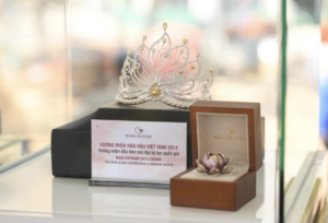 The Miss Vietnam 2014 crown displayed at Hoàng Gia Pearl Museum in Nha Trang, a national record pearl crown crafted by Hoàng Gia Pearl