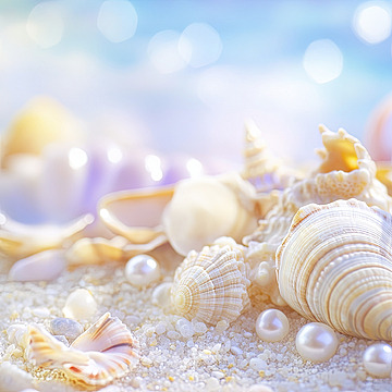 A closeup of various seashells and pearls scattered on the sandy beach